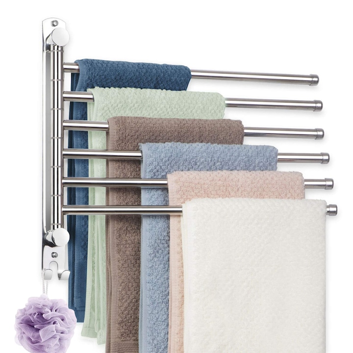Въртяща се поставка за кърпи за баня, JFYU, 6 пръта, неръждаема стомана SUS 304, елегантен дизайн, матова повърхност, въртене на 180 градуса, дизайн на кука, водоустойчив, без пробиване, 33,5 x 35 см, сребрист