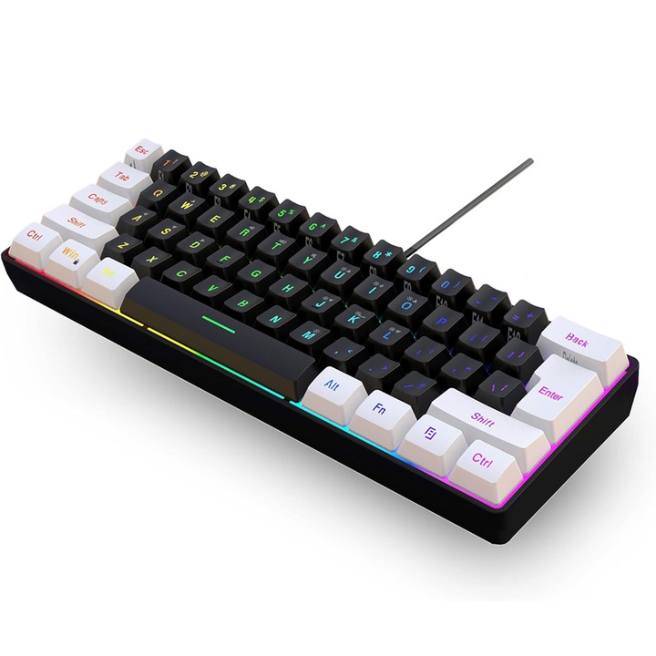 Механична игрална клавиатура, 61 клавиша, ергономична, RGB, черно/бяло, с Type-C кабел