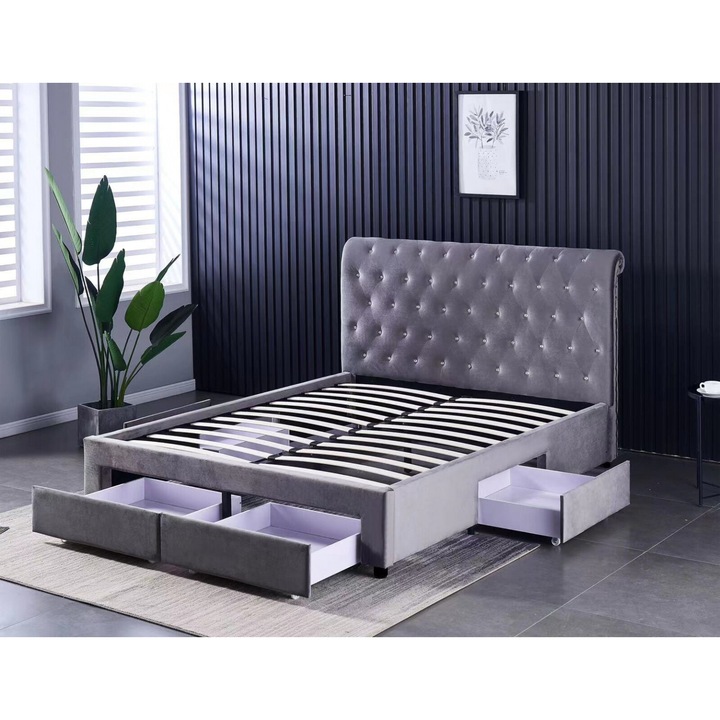 Pat Sunday 180x200 cm cu 4 sertare Tapitat Catifea Gri Somiera Inclusa Marketmob