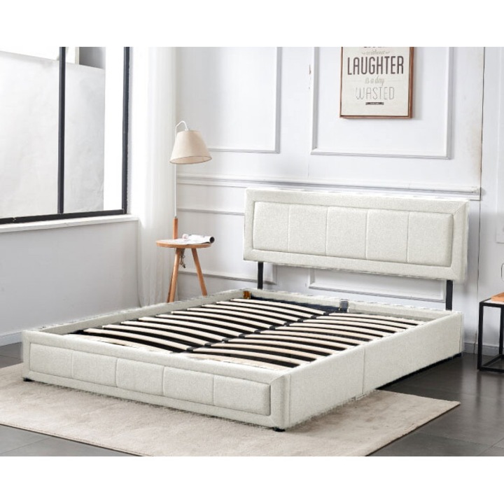 Pat Daily 160x200 cm Lada Depozitare Tapitat Catifea Crem Somiera Inclusa Marketmob