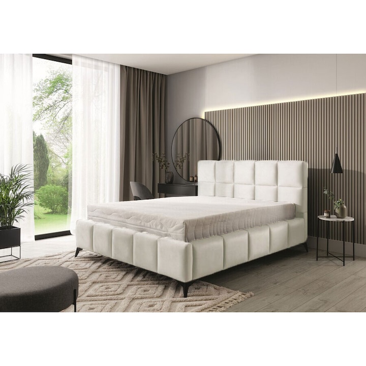 Rubik Ágy, 180x200 cm, Kárpitozott Krém Bársony, Ágyráccsal Marketmob