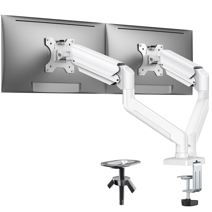 Suport pentru monitor dublu pentru ecrane de 17–32 inchi, max 22 lbs fiecare brat, reglabil, cu rotire la 180°, inclinare, rotatie de 360°, pentru birou acasa, VESA 75/100 mm, WALALLA, alb