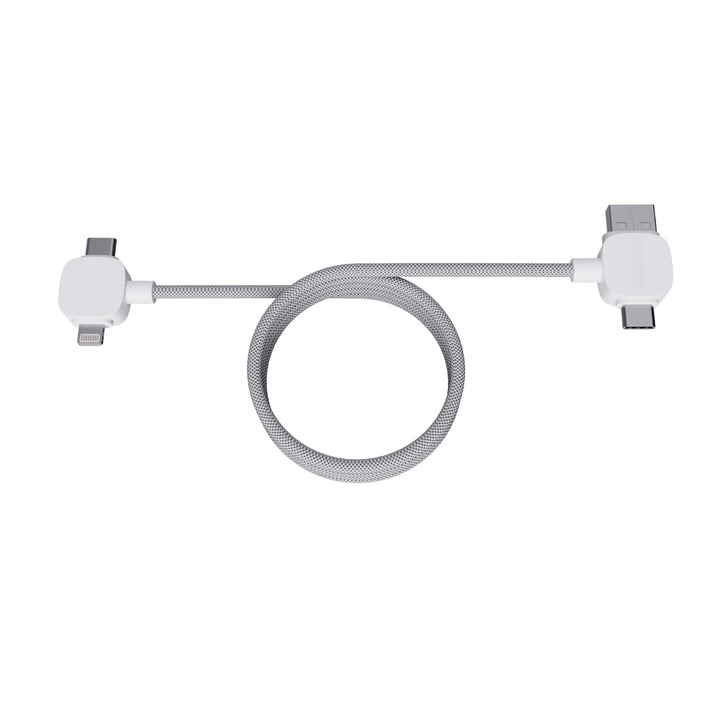 Кабел за данни и зареждане Ronic X, Stockton, 65 W бързо зареждане, 4 в 1, USB-A и USB-C вход, USB-C и Lightning изход, магнитен, съвместим с телефон, таблет и лаптоп, 120 см, бял