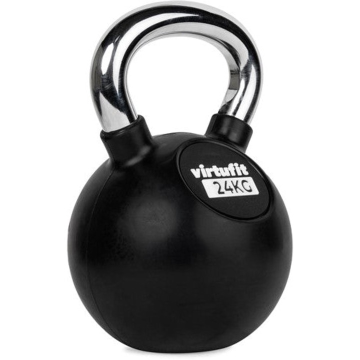 Gantera Kettlebell Din Fonta Si Cauciuc 24 KG VirtuFit, Culoare: Negru, Argintiu, Dimensiuni 20,5 x 20,5 x 33 CM