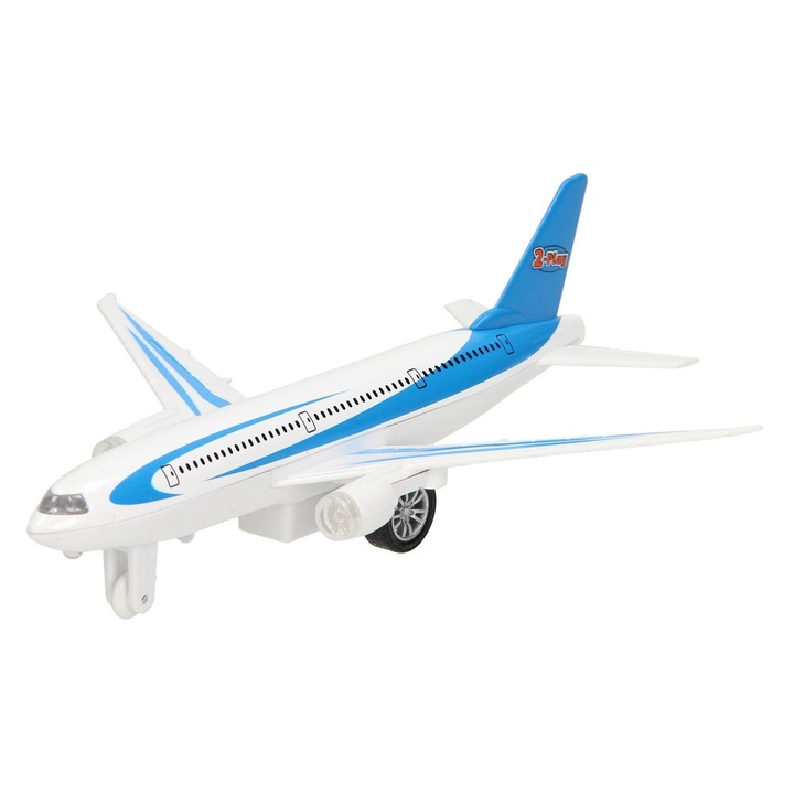 Avion de jucarie, cu lumini si sunete realiste, sistem de tragere inapoi, 18.5 cm, Albastru/Alb