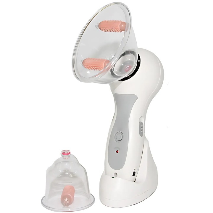 Aparat de masaj corporal anticelulitic SDEPOT®, actionare tip vacuum, 2 capete interschimbabile, role de masaj integrate, alb