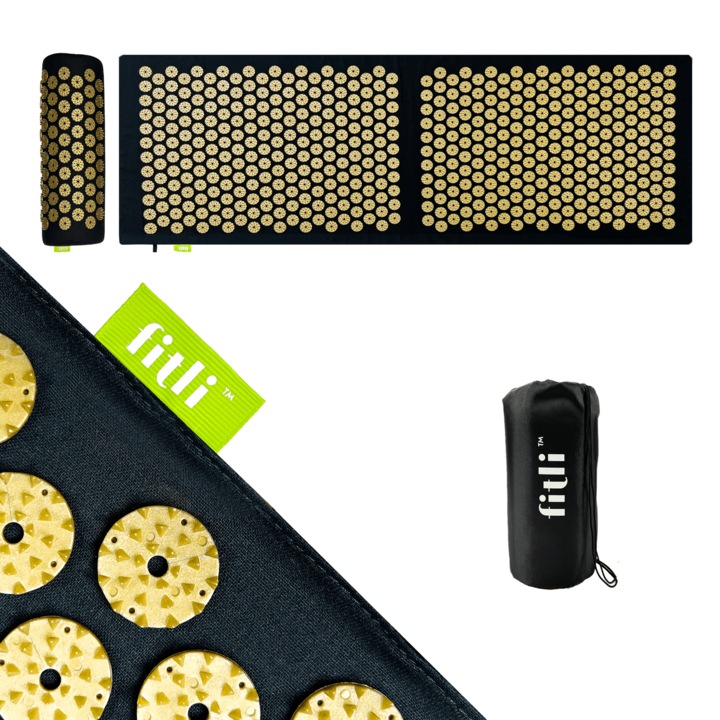 Saltea cu perna pentru presopunctura, husa de transport, Negru/Auriu