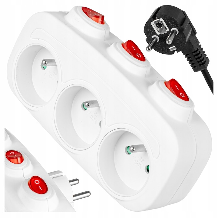 Adaptor priza Vayox VA0275, 3 prize + intrerupatoare, Alb