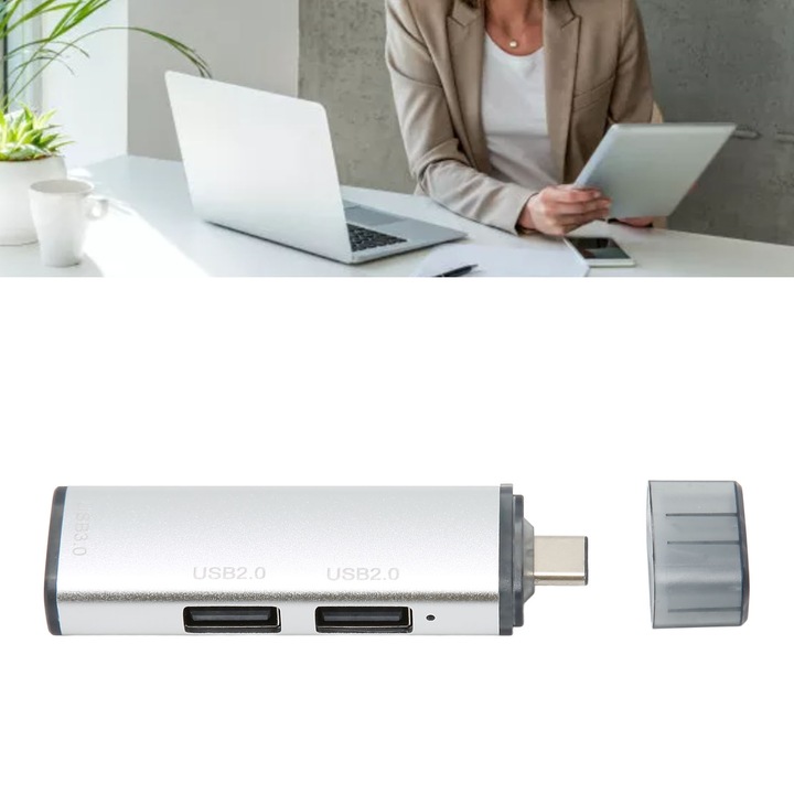 Hub USB C 3 az 1-ben, Jormftte, 1 db USB3.0 port, 2 db USB2.0 port, ezüst