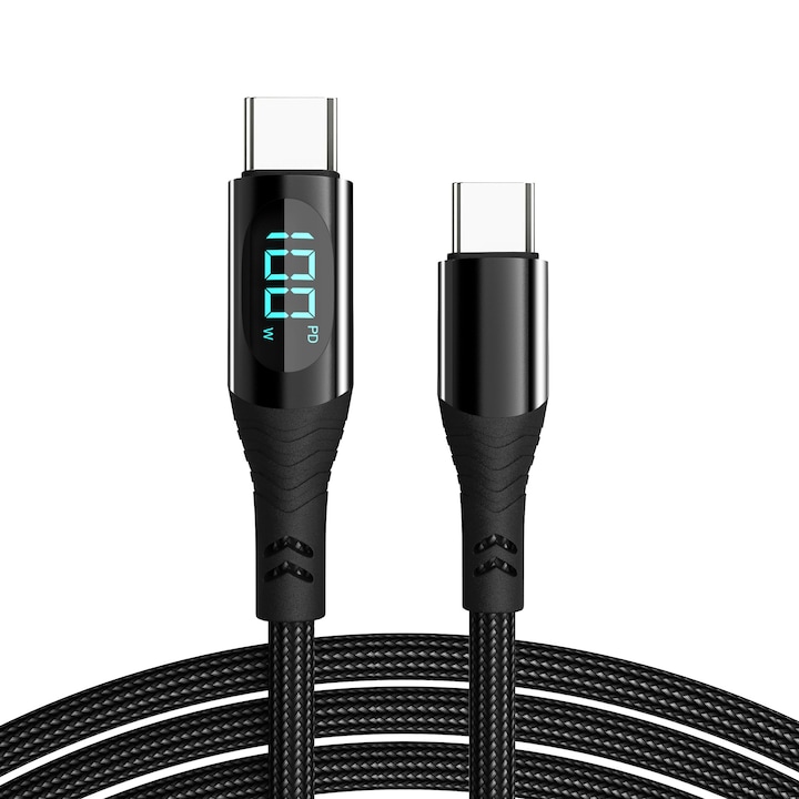 Cablu USB-C la USB-C 100W Incarcare Rapida SuperFastCharge PD, 2m, Afisaj LED Digital, Compatibil iPhone 15, Huawei, Samsung, Xiaomi, Oppo, OnePlus, PREMIUM, Laptopuri, Negru Mat
