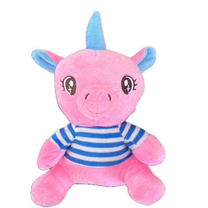 Jucarie plus, Unicorn Roz, Tricou dungi Albastre, 22 cm