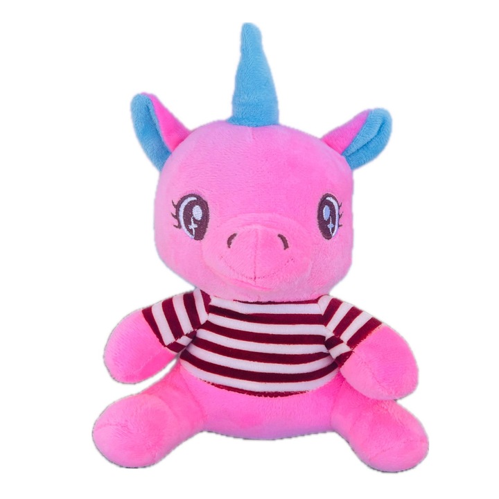 Jucarie plus, Unicorn Roz, Tricou dungi Visiniu, 22 cm