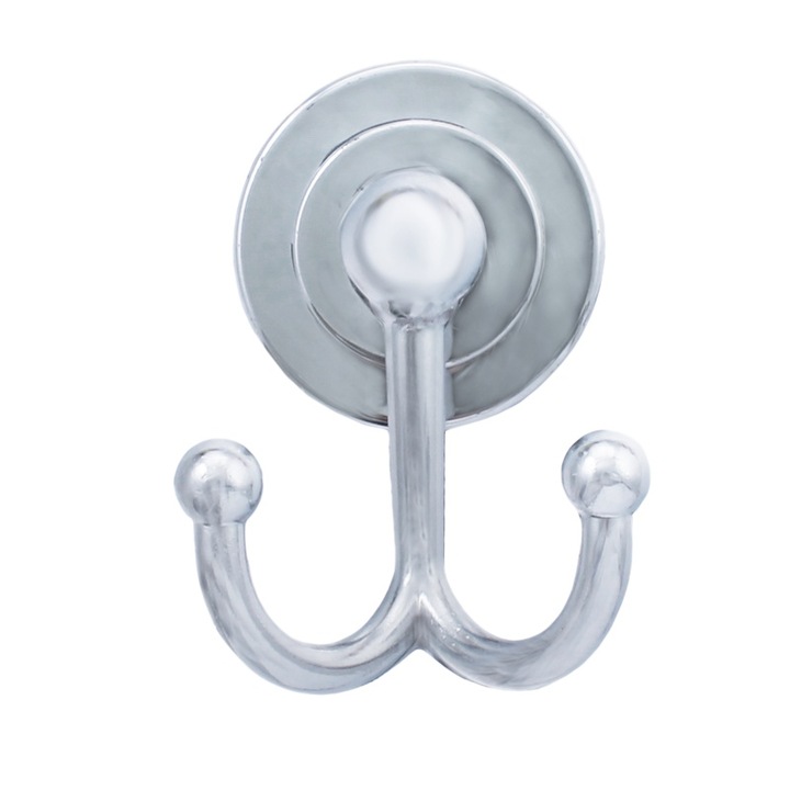 Fém tartó, 2 akasztóval, törölközőhöz, öntapadós rögzítés, fényes króm