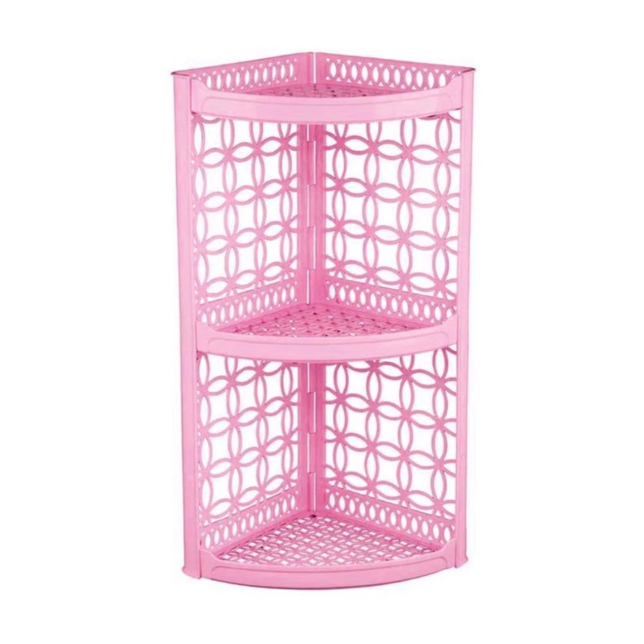 Etajera din plastic pentru baie, pe colt, 3 polite, roz, 24 x 24 x 53 cm