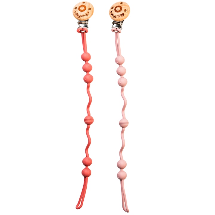 Set Lantisor pentru suzeta din silicon Babysnugg, 2 bucati, clips din lemn, fara BPA, Roz