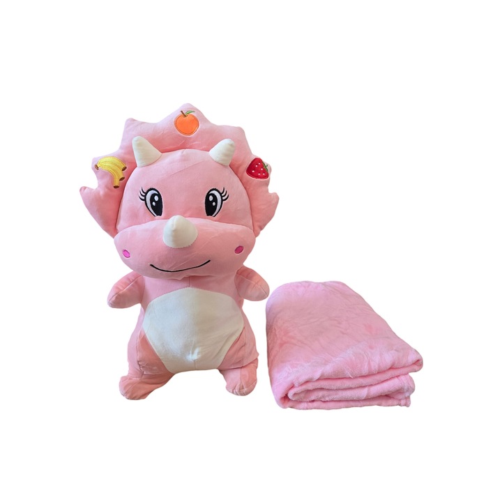 Плюшена играчка с постелка 170x110 вътре, мек плюшен материал, играчка динозавър 50 см розов