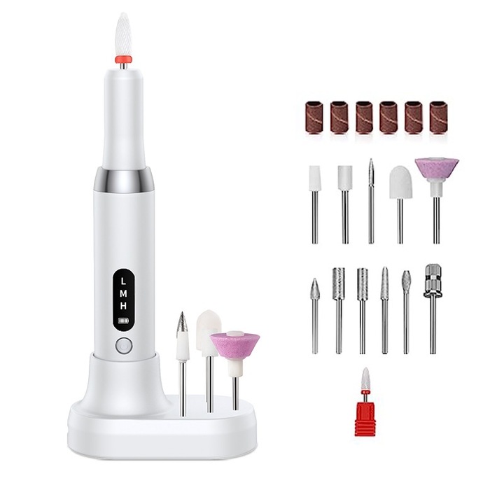 Set aparat electric de manichiura, alb, 15.9x7.2x4cm, 15000RPM, acumulator 500mAh