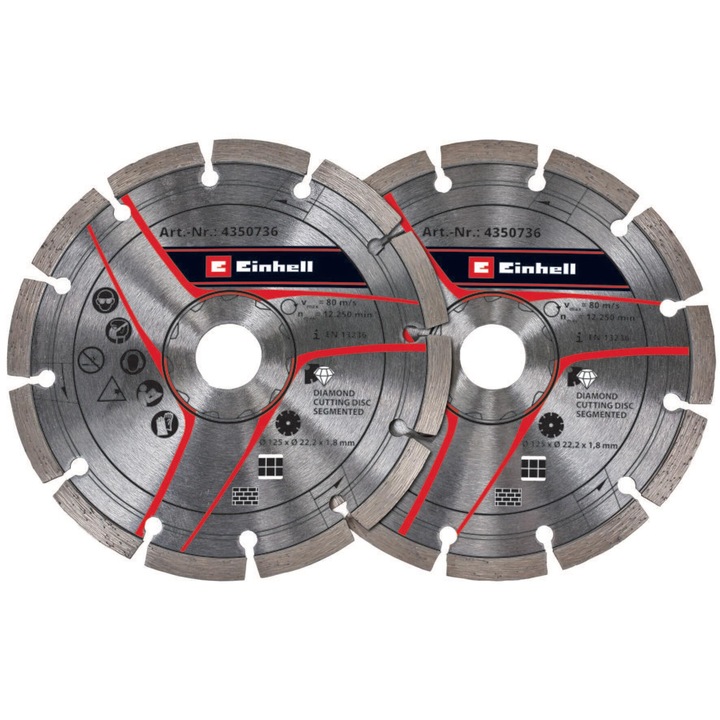 Set discuri diamantate de taiere Einhell, 125 mm pentru debitor canale, diametru 125 mm, 2 bucati, alezaj 22, 23 mm, compatibil cu Einhell TC-MA 1300, TE-MA 1500
