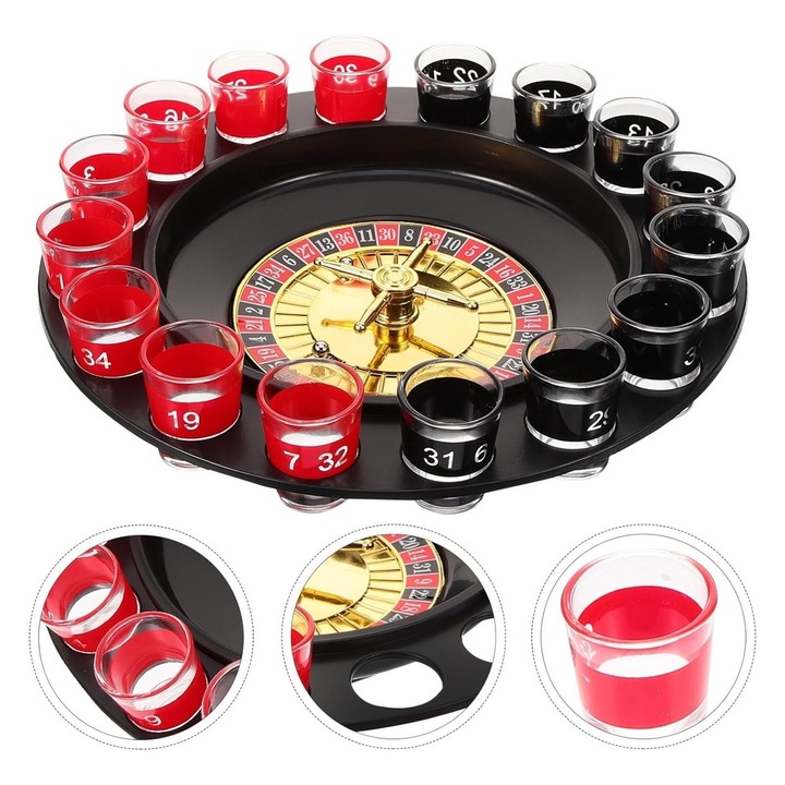 Игра на рулетка за пиене с чаши, Optim Solution, 16 чаши с числа, 2 метални топки, руска казино рулетка, добавяне на допълнителни правила, 30 см, изненадващи комбинации, креативен късмет, червено/черно