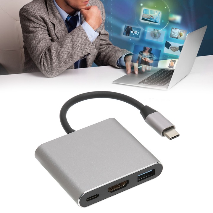 Jormftte USB C - HD multimédiás interfész 3 az 1-ben hub, 4K UHD 3840x2160, 3 port, alumínium