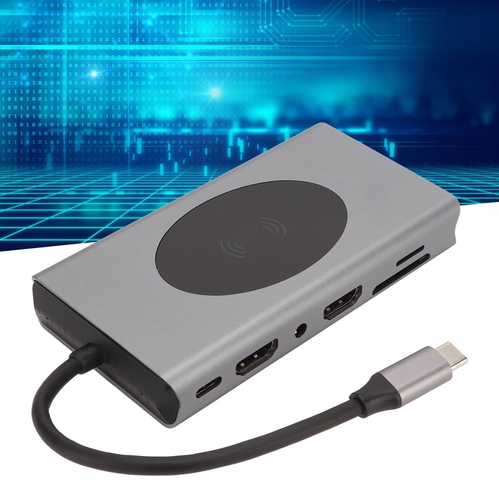 USB C dokkolóállomás laptophoz 14 az 1-ben C típusú többportos hub adapter 5 USB SD TF RJ45 PD AUDIO3.5 dongle szürke