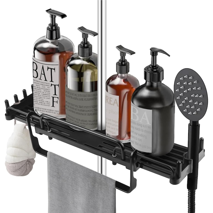 Рафт за баня, черен, 12x48x6 см, без пробиване, телескопичен, регулируем