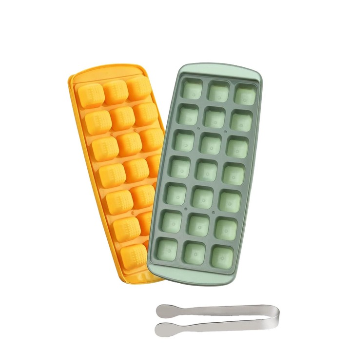 4db jégkockaforma készlet fedéllel, BEWOS, 2 sárga és 2 zöld, 21 kocka formánként