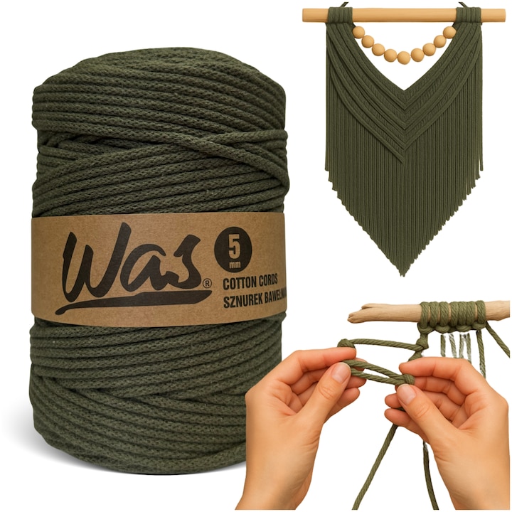 Snur bumbac pentru crosetat si tricotat snur macrame WAS impletit miez din poliester 5mm 200m kaki