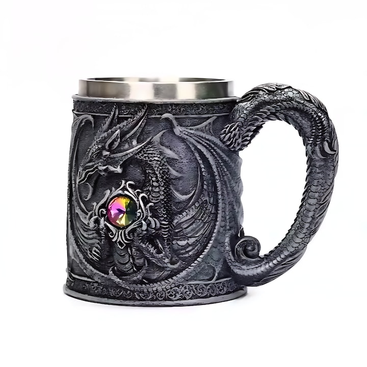 Rozsdamentes acél söröskorsó, 600 ml, középkori téma, sárkány, ajándék férfiaknak
