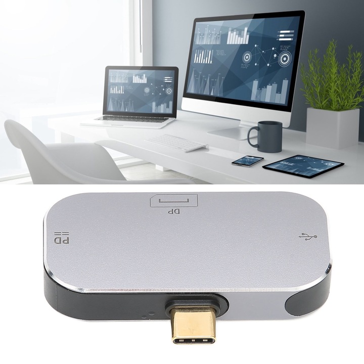 Jormftte USB C Hub, 3 az 1-ben, DP és PD portokkal, kis méret, ezüstszürke színű