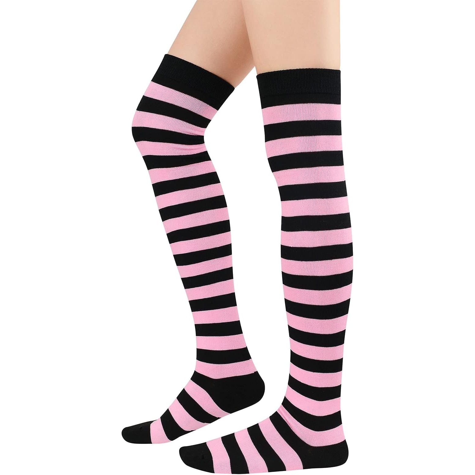 Sosete peste genunchi pentru fete, model dungi Negre si Roz, cu calcai ...