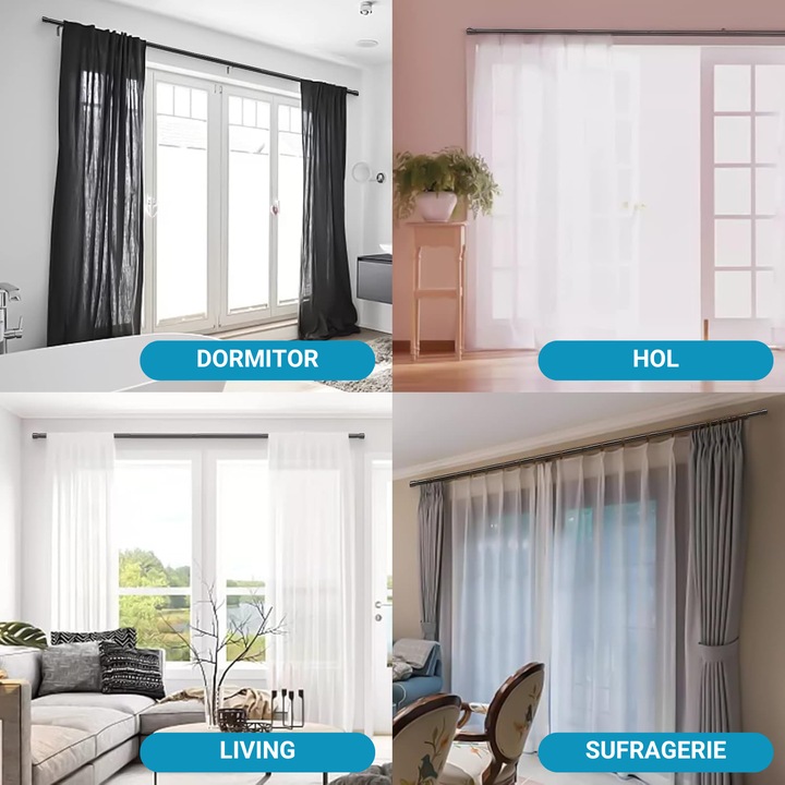 Galerie Metalica Extensibila pentru Perdele cu Inele, 76 cm, Bara de Perdele Neagra si Suporturi Reglabile