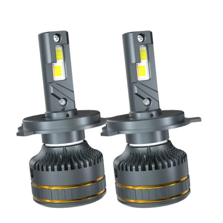 Set 2 becuri auto LED H4, 12V, 100W, 6000K, Canbus, 15000Lm, cu ventilator de racire, BZRSH