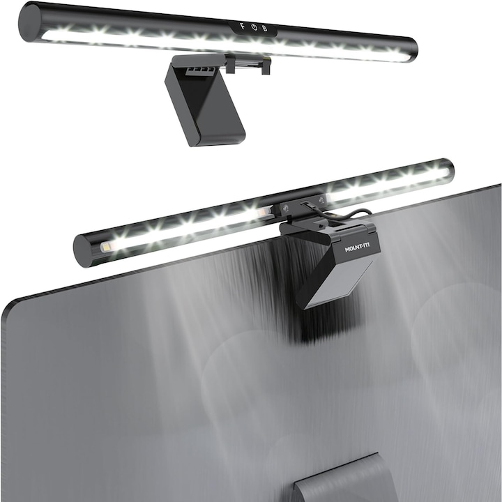 Lampa LED Dubla pentru Monitor, Lumina Duala, Luminare Fundal, Protectie Ochi, Reglare Tactila, 4 nivele 3000K~6000K, No Flicker, Functie Memorie, Aluminiu, Negru