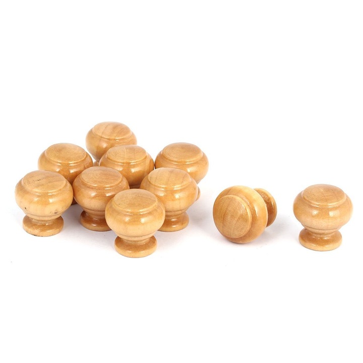 Manere pentru mobilier, Set 25 bucati, cu suruburi pentru instalare, lemn, diametru 2.4 cm, inaltime 2.5 cm, Maro natur