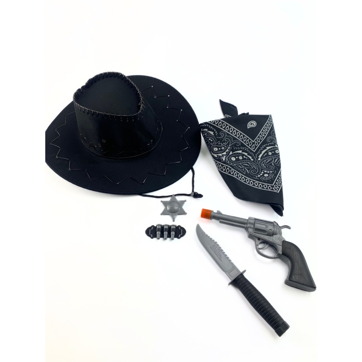 Cowboy játékkészlet, fekete kalap 56 cm, fekete kendő, pisztoly, kés, csillag és töltények