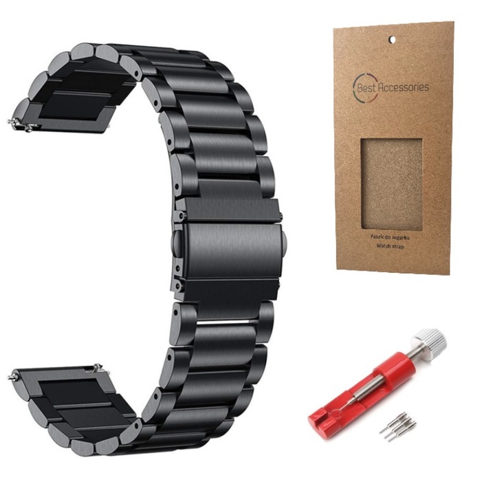 Каишка BEST ACCESSORIES, съвместима с Huawei Watch 5 / 5 Pro 46 mm / Watch 4 / 4 Pro 46 mm / Watch 3 / 3 Pro 46 mm, 48 mm, Classic / Active, Huawei Watch GT, GT 2, GT 2 Pro, GT 3 46 mm 46 mm, каишка от неръждаема стомана 22 мм, черна