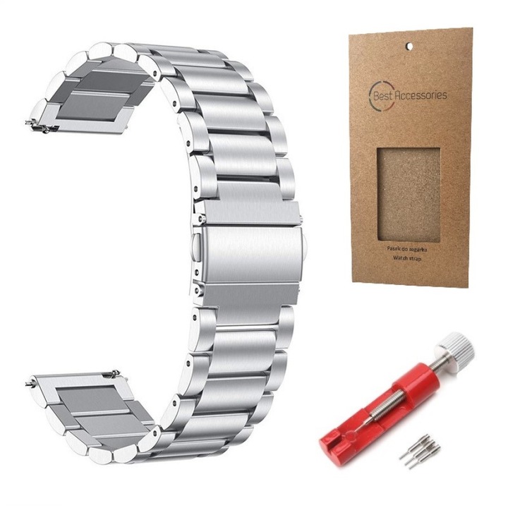 Гривна BEST ACCESSORIES, Съвместима с Huawei Watch 5 / 5 Pro 46 mm / Watch 4 / 4 Pro 46 mm / Watch 3 / 3 Pro 46 mm, 48 mm, Classic / Active, Huawei Watch GT, GT 2, GT 2 Pro, GT 3 46 mm 46 mm, Каишка от неръждаема стомана 22 мм, Сребрист