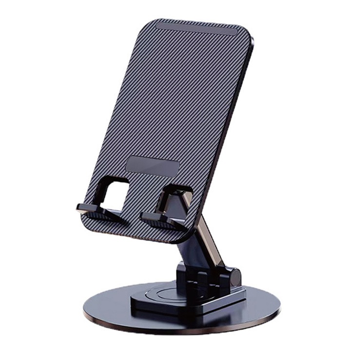 Állítható asztali telefontartó, 360°-ban forgatható, csúszásmentes fém talppal, összecsukható, hordozható, fekete