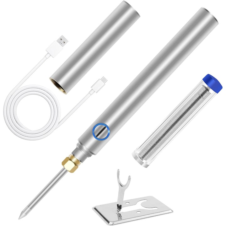 Hordozható forrasztópisztoly készlet, vezeték nélküli, fém állvány, 15W, 1100mAh, Gyors fűtés és hűtés, biztonságos, hegesztő áramkörökhöz, készülékjavításhoz, Könnyű kezelhetőség, OUYLAF, Ezüst