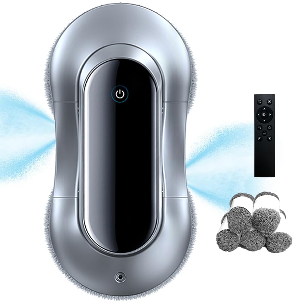 Robot de curatat geamuri, WALALLA, dublu pulverizare apa, rezervor 70ML, tehnologie de detectare a marginilor, telecomanda, set cu 10 carpe, 295x145x82mm