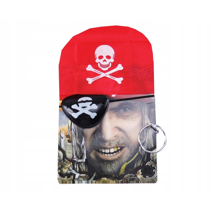 Комплект пиратски аксесоари Tropic, Превръзка за око, Шал с череп и обеца, Червен/Черен