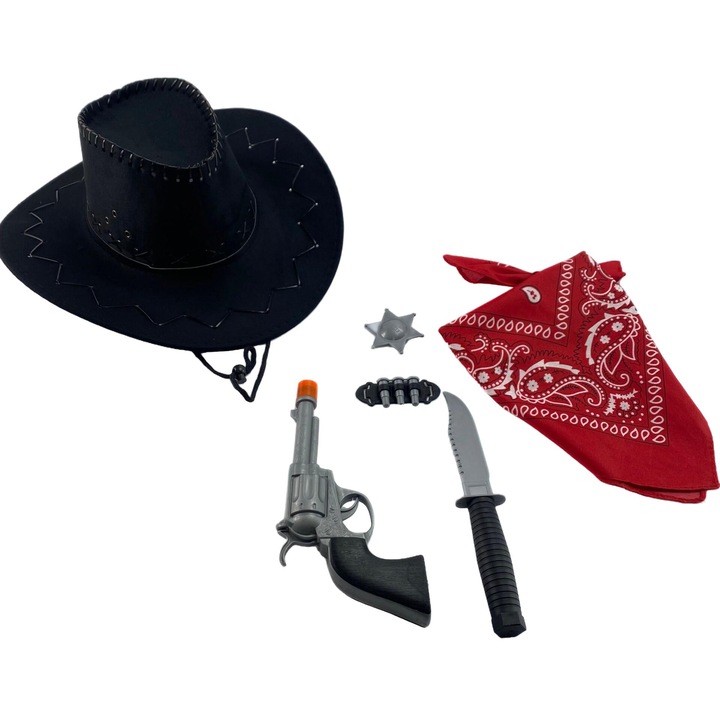 Felnőtt cowboy jelmezkészlet, Tropic, sapka, kendő, pisztoly, többszínű