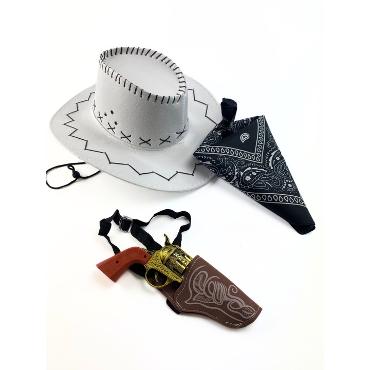 Cowboy jelmez szett, Tropic, Kalap 58 cm, Fekete kendő, Hamis pisztoly tokkal, Többszínű