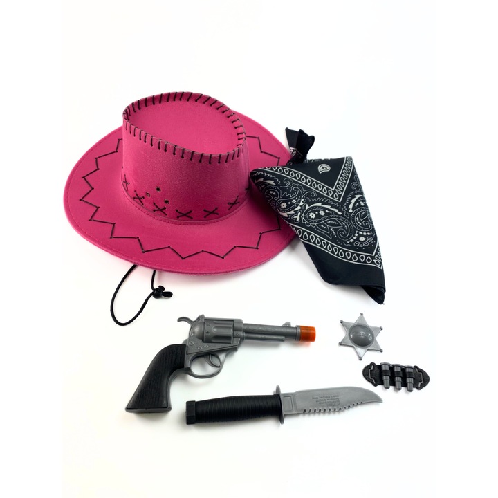 Cowboy jelmez szett, Tropic, fekete kalap, 58cm, pisztoly, golyók