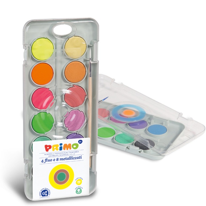 Acuarele PRIMO set 12 culori, 4 fluo, 8 metalizate, paleta plastic, 30mm