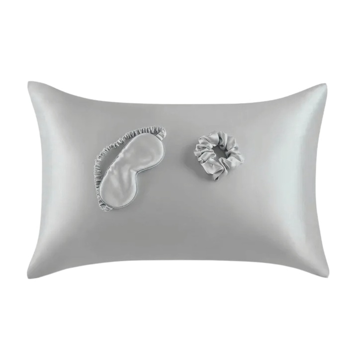 Set din matase naturala cu fata de perna 50x70cm, masca de ochi si scrunchie pentru par by clickzu, din matase premium 6A Mulberry Silk 19mm pe ambele fete, Certificat Oeko Tex Standard 100, fermoar ascuns, gri perlat