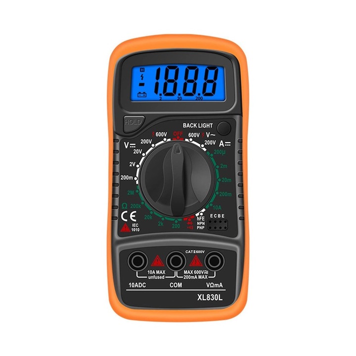 Multimetru digital portabil, XL830L, afisaj LCD, voltmetru portabil AC/DC pentru masurarea tensiunii, curentului, rezistentei, testarii continuitatii si sondelor, portocalie