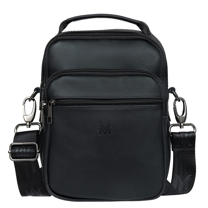 VerMari Flinta férfi táska, természetes bőr, két rekeszes, fekete, állítható pánttal
