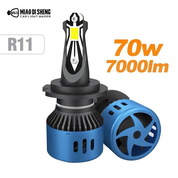 Set de 2 Becuri LED Auto R11 Halogen H7, Vizibilitate Unghi 360 Grade, 140W, 7000 Lumeni, Chip Osram, 6000k +-500, Plug&Play, Albastru